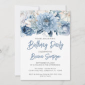 Invitation Dusty Blue Floral fête d'anniversaire (Devant)