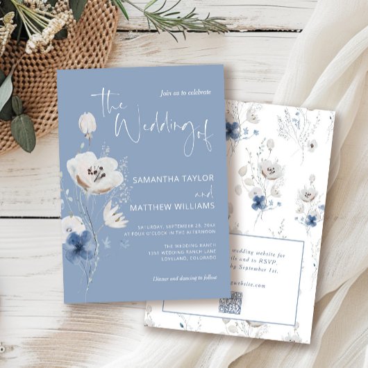 Invitation Dusty Blue Floral Fleur sauvage QR Code RSVP Maria