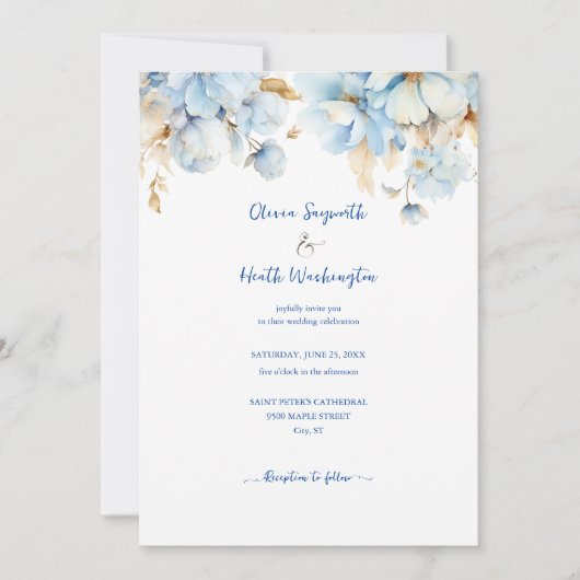 Invitation Dusty Blue Floral Gold Mariage 2 (Devant)