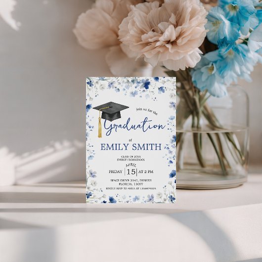 Invitation Dusty Blue Floral Graduation Party Invite