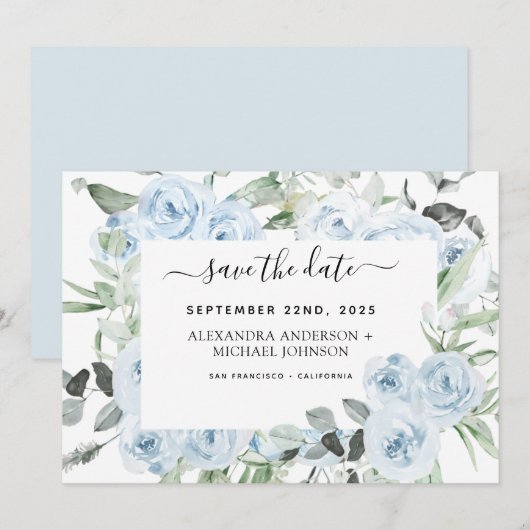 Invitation Dusty Blue Floral Green Enregistrer la date (Devant / Derrière)