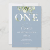 Invitation Dusty Blue Floral Greenery 1er Anniversaire Photo (Devant)