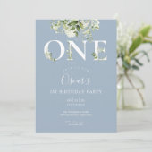 Invitation Dusty Blue Floral Greenery 1er Anniversaire Photo (Debout devant)