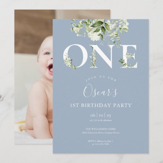 Invitation Dusty Blue Floral Greenery 1er Anniversaire Photo (Devant / Derrière)
