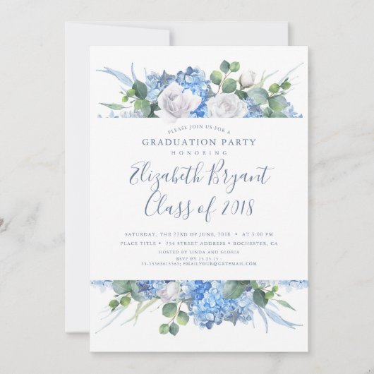 Invitation Dusty Blue Floral Greenery Modernisation Graduatio (Devant)