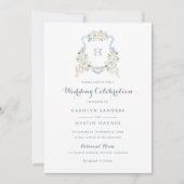 Invitation Dusty Blue Floral Greenery Monogram Crest Mariage (Devant)