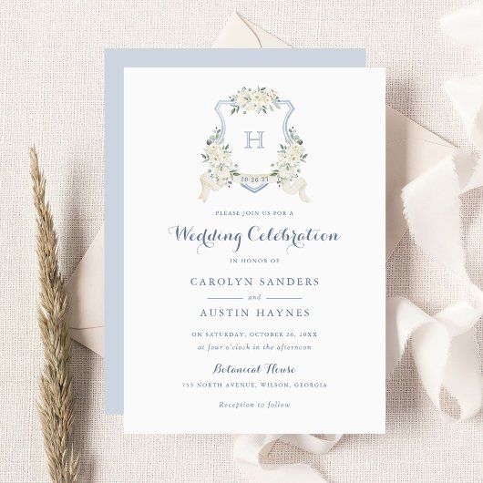 Invitation Dusty Blue Floral Greenery Monogram Crest Mariage