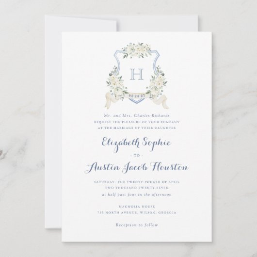 Invitation Dusty Blue Floral Greenery Monogram Crest Wedding (Devant)