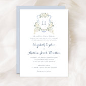 Invitation Dusty Blue Floral Greenery Monogram Crest Wedding
