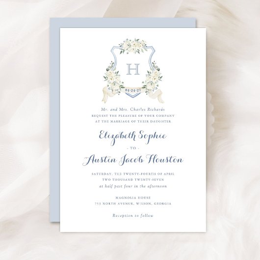 Invitation Dusty Blue Floral Greenery Monogram Crest Wedding