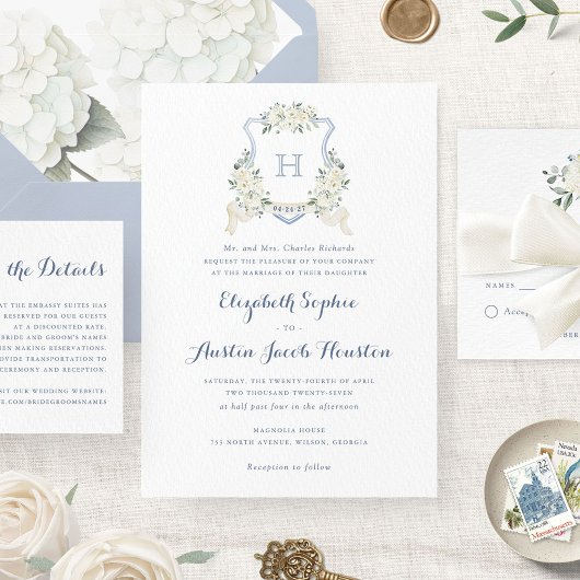 Invitation Dusty Blue Floral Greenery Monogram Crest Wedding