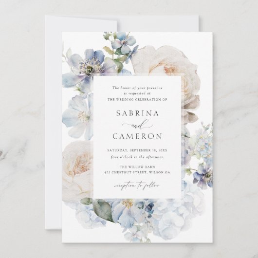 Invitation Dusty Blue Floral Hydrangea Rose Mariage (Devant)