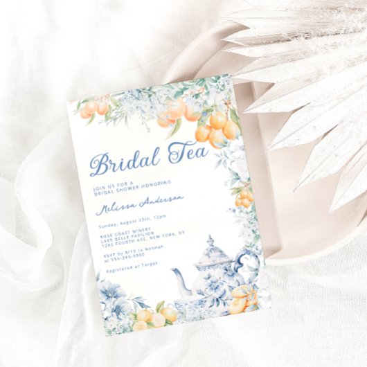 Invitation Dusty Blue Floral & Lemon Bridal Tea Fête des mari