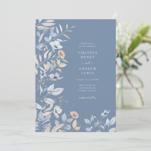 Invitation Dusty Blue Floral Mariage (Debout devant)