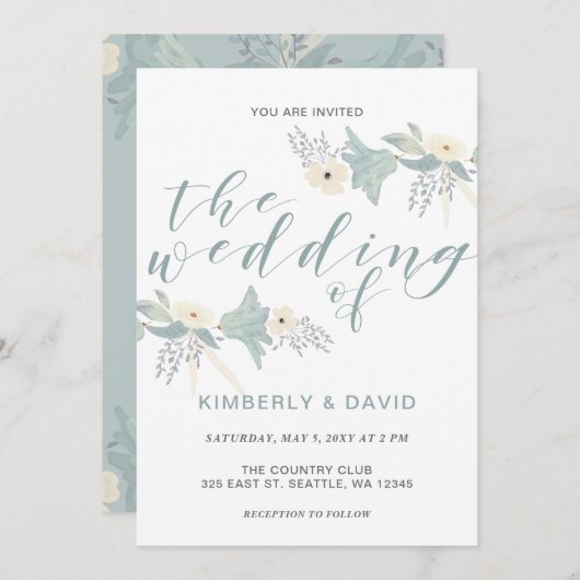 Invitation Dusty Blue Floral Mariage (Devant / Derrière)