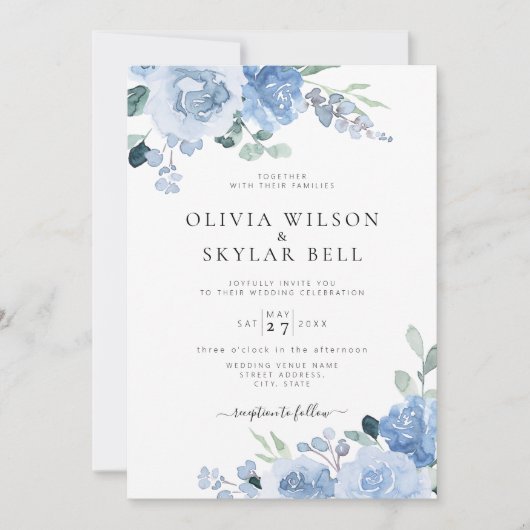 Invitation Dusty Blue Floral Mariage botanique clair (Devant)