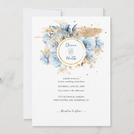 Invitation Dusty Blue Floral Mariage or (Devant)