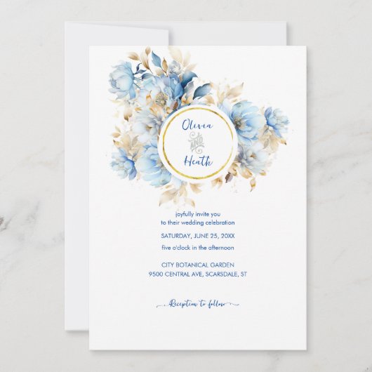 Invitation Dusty Blue Floral Mariage or (Devant)