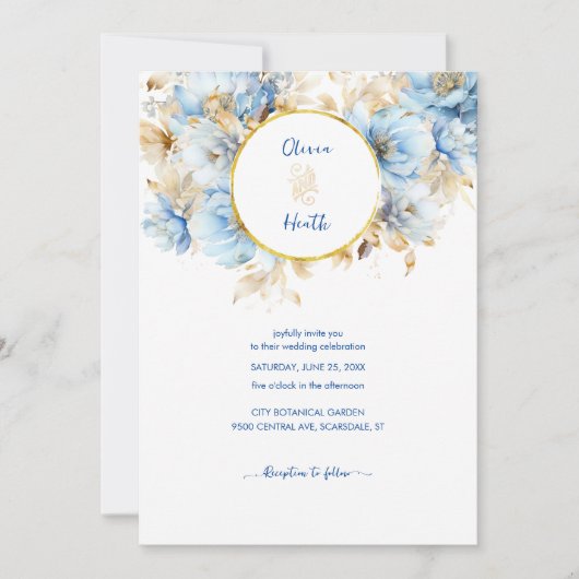 Invitation Dusty Blue Floral Mariage or (Devant)