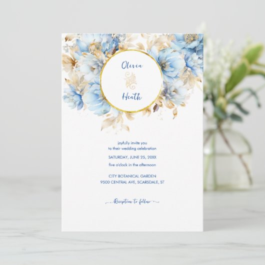 Invitation Dusty Blue Floral Mariage or (Debout devant)