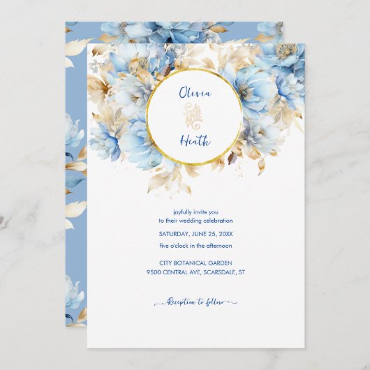 Invitation Dusty Blue Floral Mariage or (Devant / Derrière)
