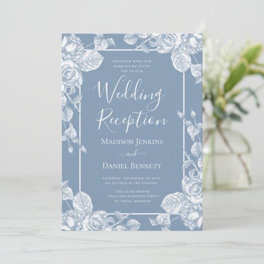 Invitation Dusty Blue Floral Mariage Réception (Debout devant)
