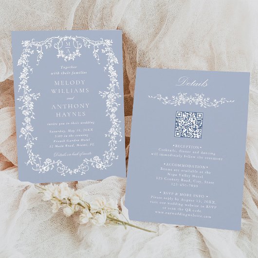 Invitation Dusty Blue Floral Mariage tout en un
