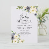 Invitation Dusty Blue Floral Marine Boys Baby shower (Debout devant)