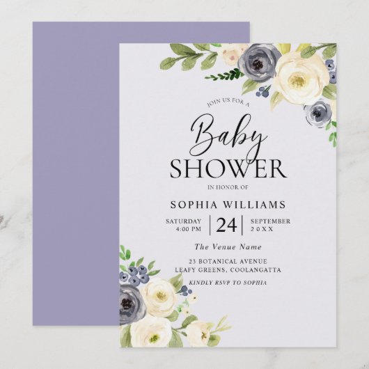 Invitation Dusty Blue Floral Marine Boys Baby shower (Devant / Derrière)