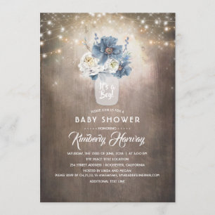 Invitation Dusty Blue Floral Mason Jar Baby shower rustique