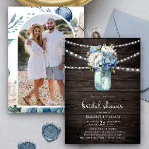 Invitation Dusty Blue Floral Mason Jar Fête des mariées en bo