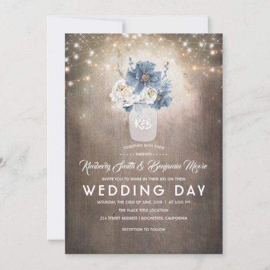 Invitation Dusty Blue Floral Mason Jar Mariage campagnard rus (Devant)
