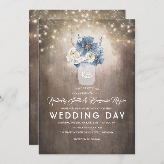 Invitation Dusty Blue Floral Mason Jar Mariage campagnard rus (Devant / Derrière)