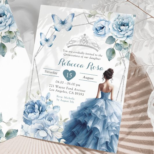 Invitation Dusty Blue Floral Mexicaine Princesse Quinceañera