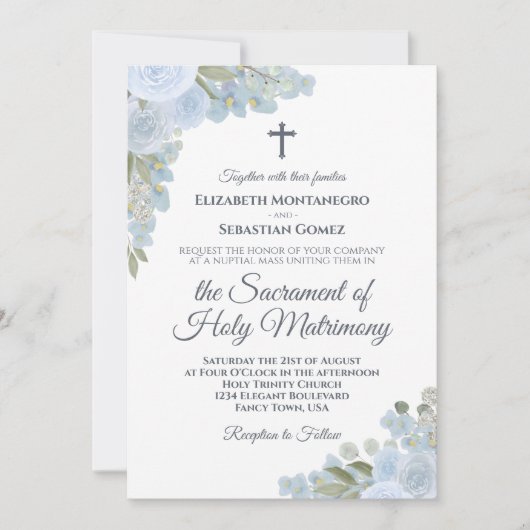 Invitation Dusty Blue Floral moderne catholique QR Code Maria (Devant)