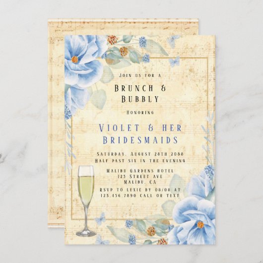 Invitation Dusty Blue Floral Musical Brunch & Bubbly (Devant / Derrière)