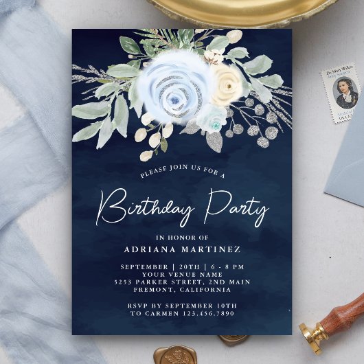 Invitation Dusty Blue Floral Navy Blue Anniversaire Party