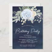 Invitation Dusty Blue Floral Navy Blue Anniversaire Party (Devant)
