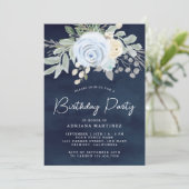 Invitation Dusty Blue Floral Navy Blue Anniversaire Party (Debout devant)