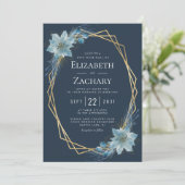 Invitation Dusty Blue Floral Navy Gold Winter Wedding (Debout devant)