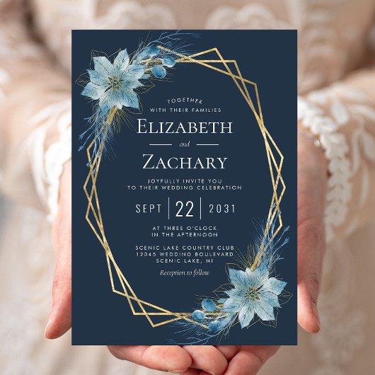 Invitation Dusty Blue Floral Navy Gold Winter Wedding