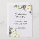 Invitation Dusty Blue Floral Navy Graduation Party (Devant)
