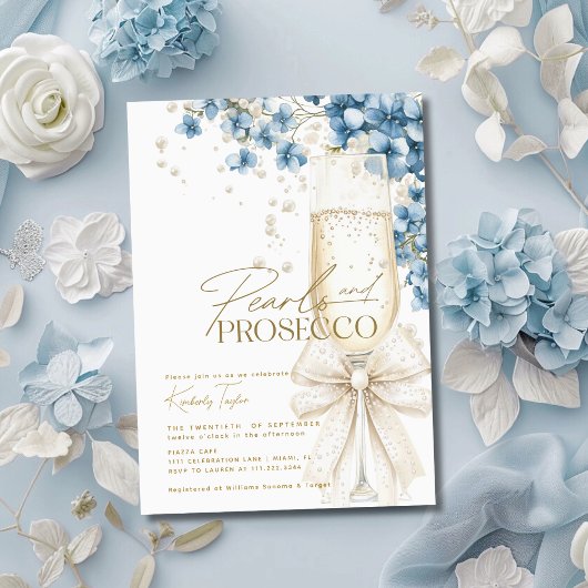 Invitation Dusty Blue Floral Pearls & Prosecco Fête des marié