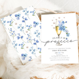 Invitation Dusty Blue Floral Pearls & Prosecco Fête des marié