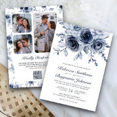 Invitation Dusty Blue Floral Photo Collage QR Code Mariage