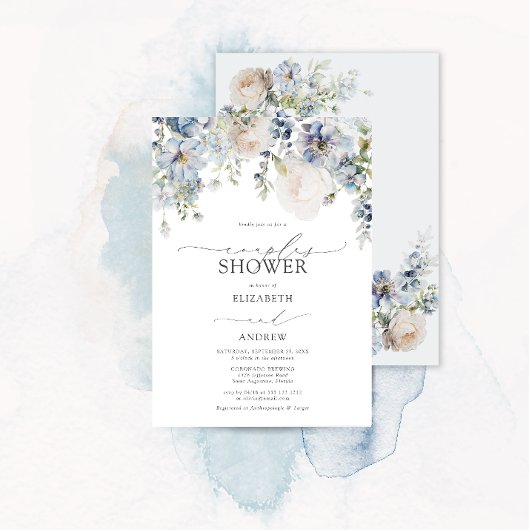 Invitation Dusty Blue Floral Photo Couples Douche