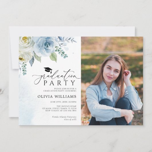 Invitation Dusty Blue Floral Photo Graduation Party (Devant)