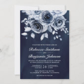 Invitation Dusty Blue Floral Photo QR Code Navy Wedding (Devant)