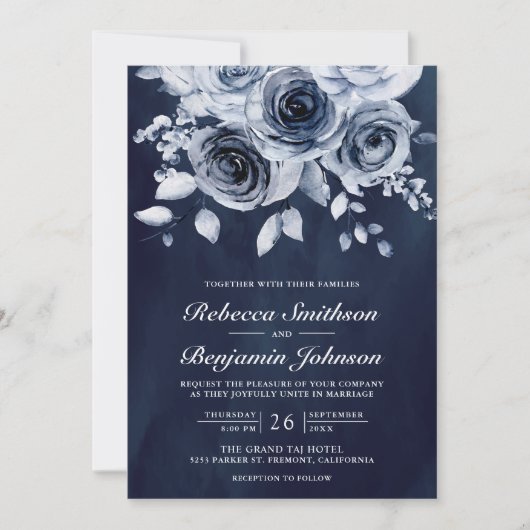 Invitation Dusty Blue Floral Photo QR Code Navy Wedding (Devant)