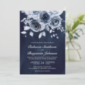 Invitation Dusty Blue Floral Photo QR Code Navy Wedding (Debout devant)